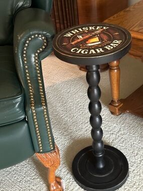 Whiskey Cigar Bar Accent Drinks Side Table - Black Top with Graphic